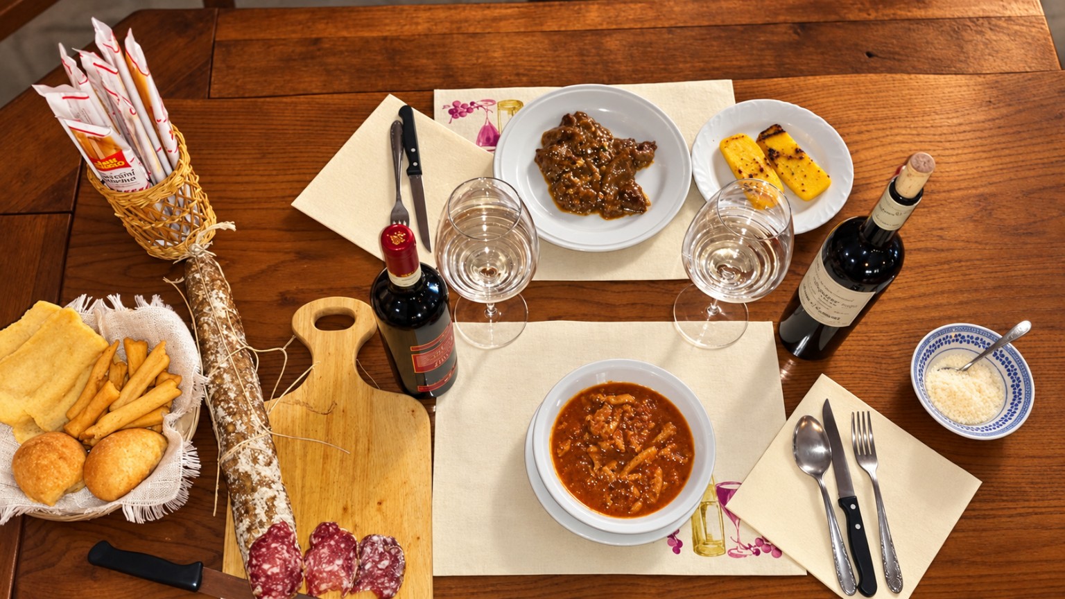 Tavola con salumi, pane, vini e piatti tradizionali della Casa del Vino